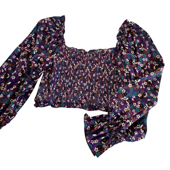 Band of the Free Agathe Purple Boho Floral Print Smocked Long Sleeve Top Medium - Picture 2 of 8